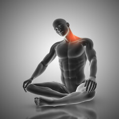 3d render of a male figure in neck stretch pose showing muscles used