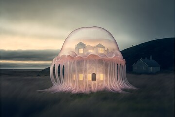 transparent layered large jellyfish sculpture that has linear see through layers within shaped like rooms within a house delicate soft floating tentacles opalescent doorway in jellyfish soft pink 
