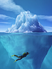 Diver swimming near an iceberg. This is a 3d render illustration.