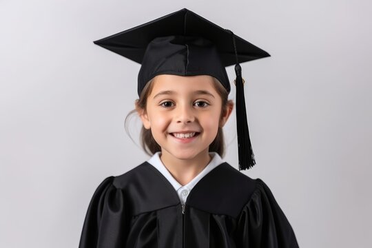 Portrait of a smiling little girl in graduation gown on grey background