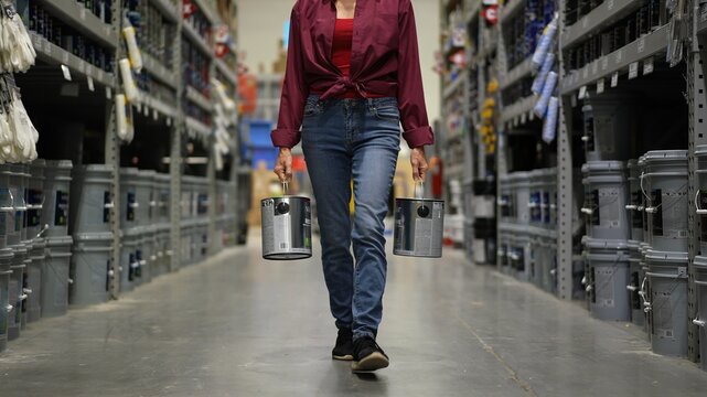 Woman Shown From Waist Down, Carrying To Cans Of Paint Walking Down Paint Aisle In Hardware Store