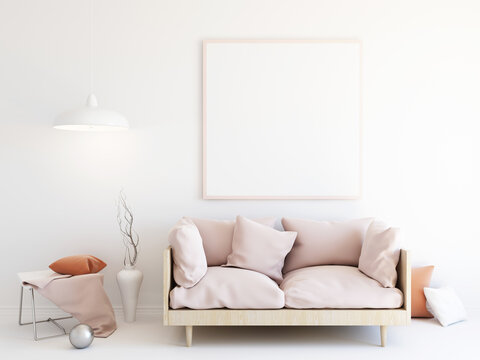 Interior mockup illustration, 3d render of room with sofa, white wall with blank frame and decor
