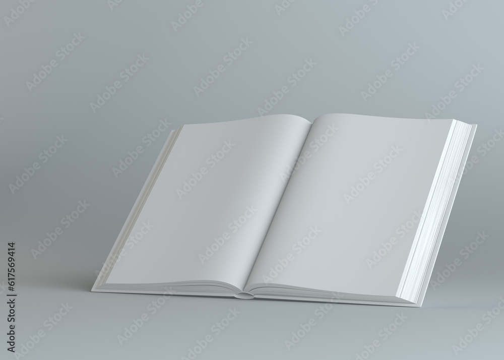 Poster white empty open book on gray background. template for your content. 3d illustration