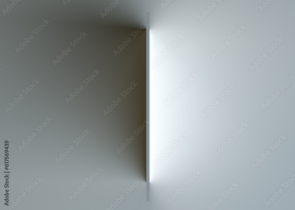 Poster wall is in middle of the gray room. light and dark side. top view. 3d rendering