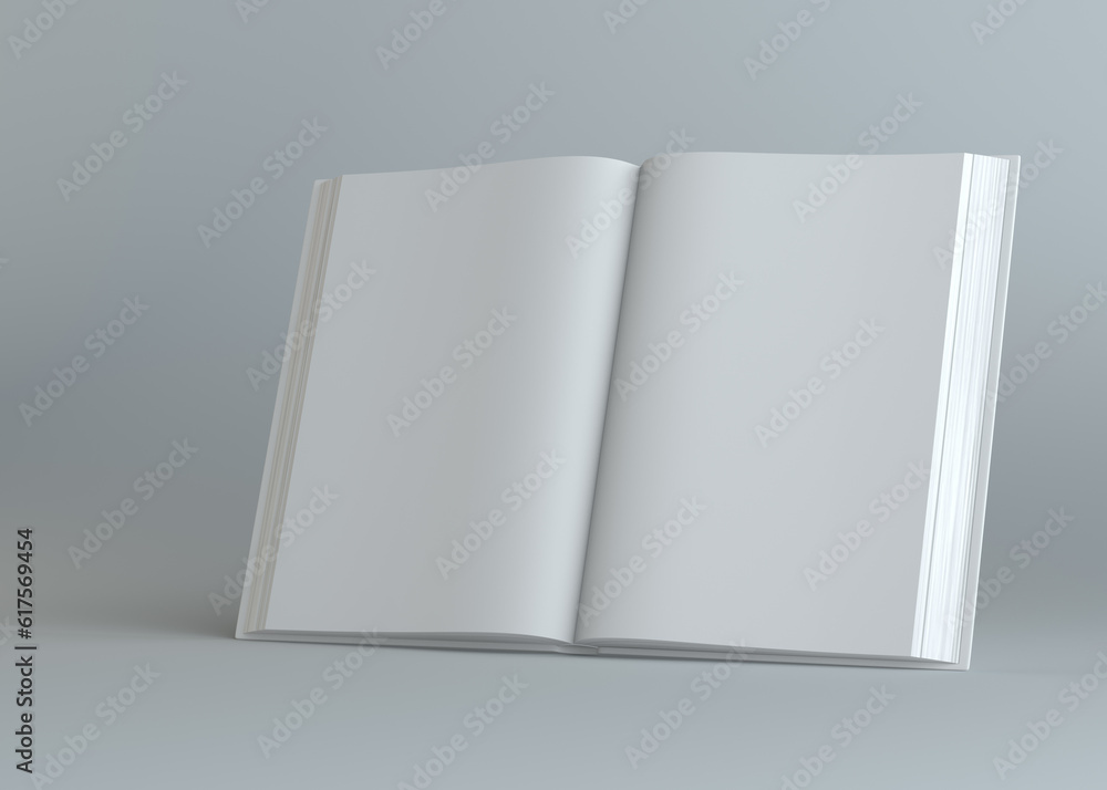 Poster white empty open book on gray background. template for your content. 3d illustration