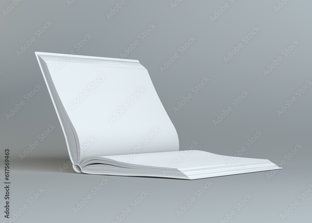 Poster white empty open book on gray background. template for your content. 3d illustration