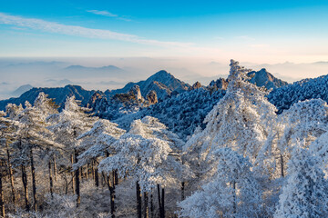 Sunrise above the peaks of Huangshan National park. China.