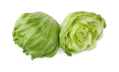 Fototapeta premium Whole and cut fresh green iceberg lettuces isolated on white, top view