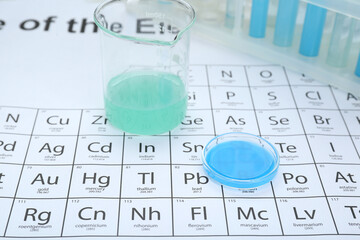 Beaker and Petri dish on periodic table of chemical elements, closeup