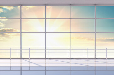 Fototapeta na wymiar Minimalist interior of the airport. Beautiful sunrise or sunset outside the windows. 3d illustration