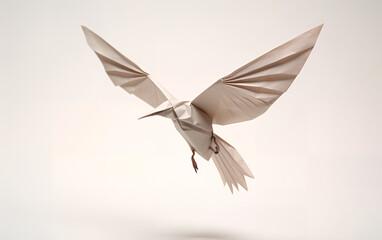 Intricate paper origami bird flying with open wings isolated on white background. A meticulously crafted paper origami bird in flight, its wings spread wide, poised in the air. Generative AI. - obrazy, fototapety, plakaty