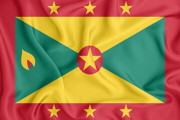 Grenada flag waving with the wind, wide format, 3D illustration rendring. Design with satin fabric. to be used for educational purposes or for illustrations of videos or vlogs.