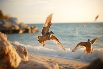 Obraz na płótnie Canvas Birds flying by the beach. made with Generative AI 
