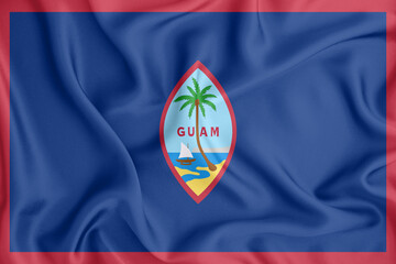 Guam flag waving with the wind, wide format, 3D illustration rendring. Design with satin fabric. to be used for educational purposes or for illustrations of videos or vlogs. - obrazy, fototapety, plakaty