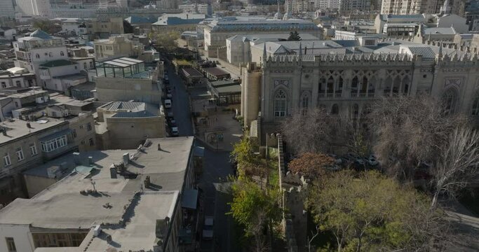 Baku, Azerbaijan. Old city and modern city. Drone footage