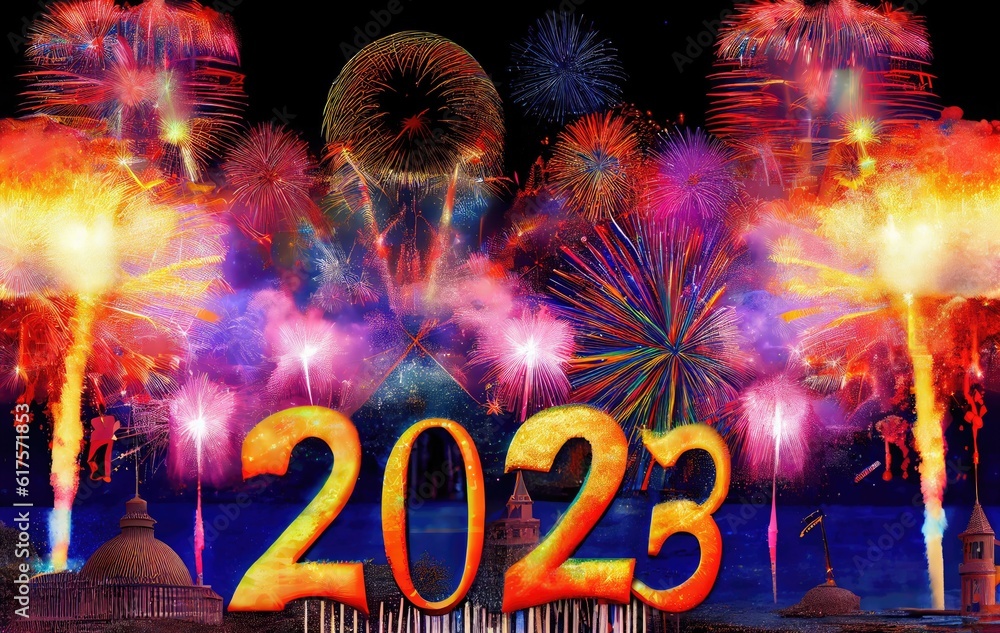 Poster 2023 colorful happy new year firecrackers display backdrop generative ai
