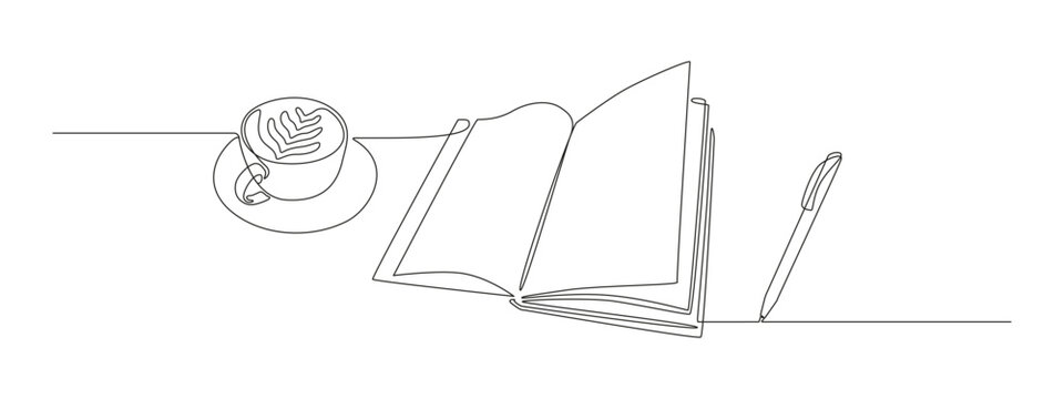 Opened Book Cup Of Coffee And Pen In One Continuous Line Drawing. Writes In Diary And Knowledge Library Concept In Simple Linear Style. Editable Stroke. Doodle Vector Illustration