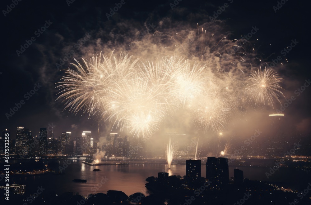 Aufkleber happy new year firecrackers display backdrop generative ai