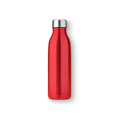 Vector Realistic 3d Red Empty Glossy Metal Reusable Water Bottle with Silver Bung Closeup Isolated. Design template of Packaging Mockup. Front, Top View
