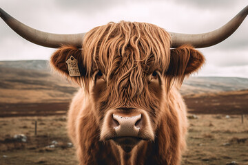 Scottish Highland Cow, Scottish Highland, Cow Head Portrait - obrazy, fototapety, plakaty