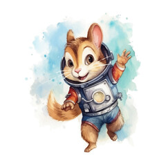 Cute astronaut squirrel cartoon in watercolor painting style