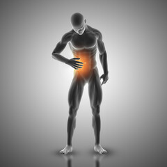 3D render of a male figure holding stomach in pain