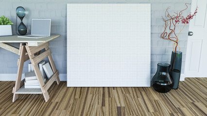 3D render of a blank canvas leaning against a wall in a room interior