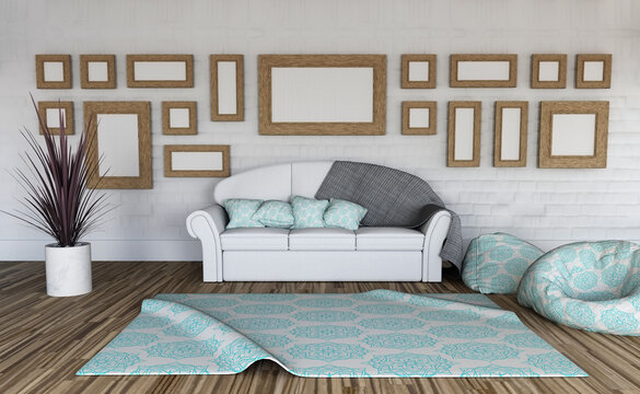3D render of a room interior with collection of blank picture frames on the wall