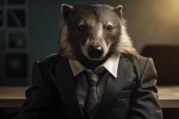 Anthropomorphic honey badger dressed in a suit like a businessman. Business Concept. AI generated, human enhanced