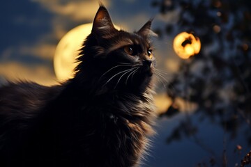 Black cat on the background of the moon as a symbol of superstition. AI generated, human enhanced