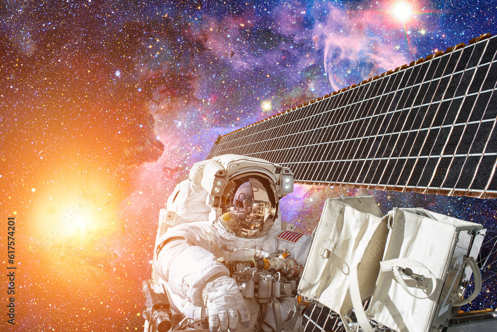 Poster astronaut in outer space. spacewalk. elements of this image furnished by nasa.