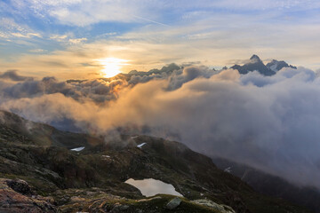 sunrise in Mont Blanc. View from Lac Blanc, France