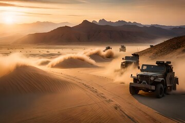 "Generate an AI representation of a serene desert landscape with jeeps seamlessly blending into the natural scenery under the golden sunlight."