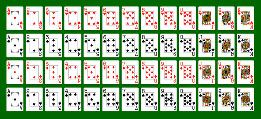 Spread out a deck of playing card on a green background