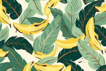 Banana and leaves pattern, in the style of anime aesthetic, clean and simple designs. Generative ai