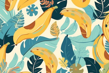 Fototapeta na wymiar Banana and leaves pattern, in the style of anime aesthetic, clean and simple designs. Generative ai