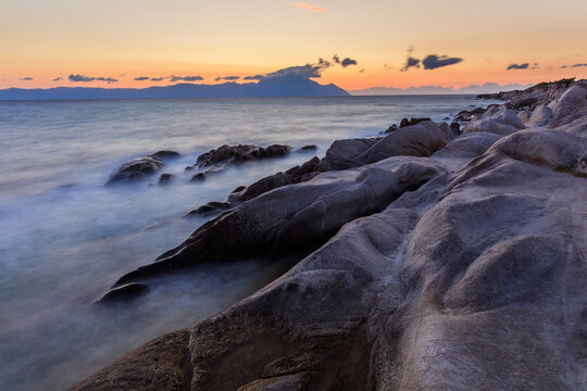 sunrise in Orange Beach. The east coast of Sithonia peninsula, Halkidiki, Greece