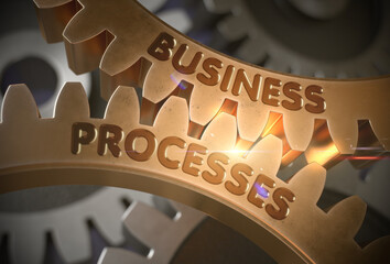 Business Processeson Golden Gears. Business Processes - Illustration with Glowing Light Effect. 3D Rendering.