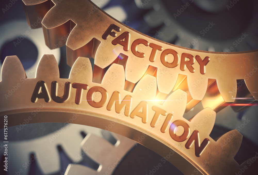 Poster factory automationon golden metallic gears. factory automation on mechanism of golden metallic cog g