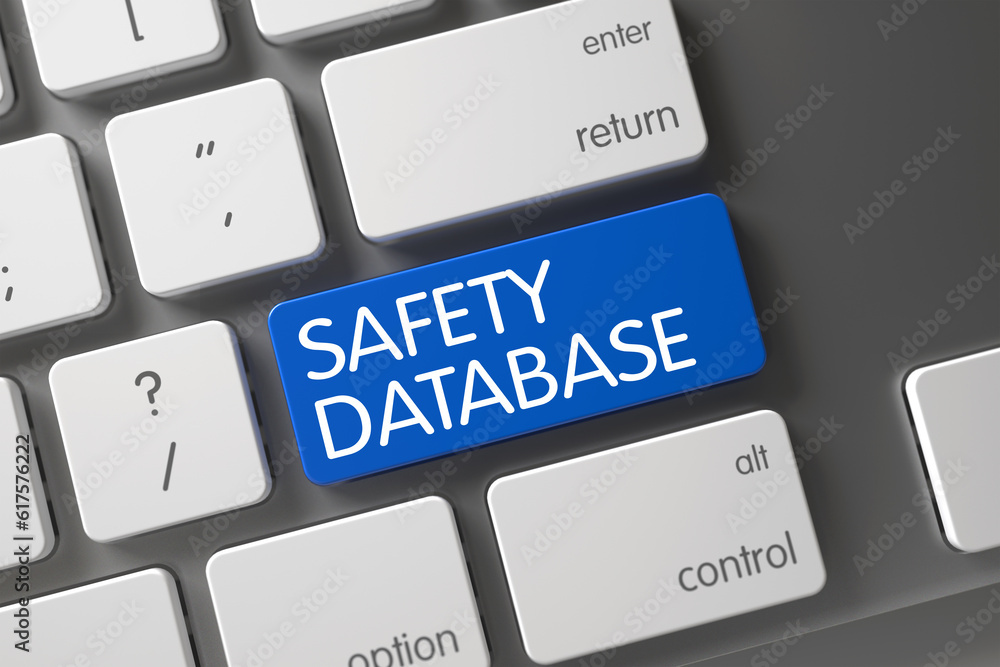 Poster safety database concept: metallic keyboard with safety database, selected focus on blue enter key. 3