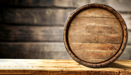 Wooden retro old barrel on desk and free space for your decoration