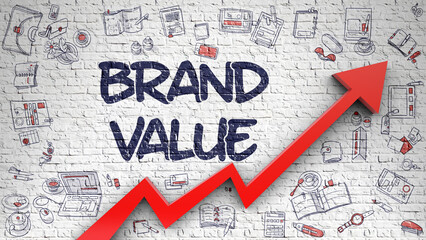 Brand Value - Enhancement Concept with Hand Drawn Icons Around on White Wall Background. White Wall with Brand Value Inscription and Red Arrow. Improvement Concept.