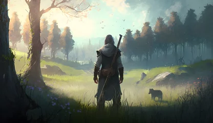 Fototapeten medieval human character from rear holding a shovel and a sword standing in front of a pasture with a forest behind it in fantasy style  © Ariel