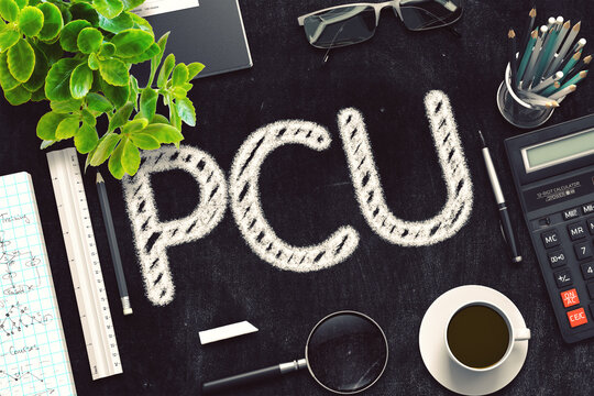 PCU. Business Concept Handwritten on Black Chalkboard. Top View Composition with Chalkboard and Office Supplies. 3d Rendering. Toned Image.