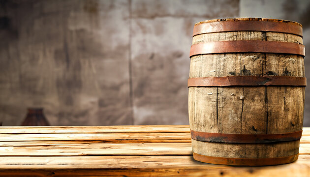 Wooden retro old barrel on desk and free space for your decoration