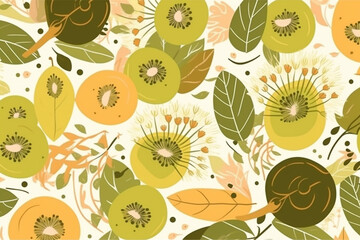 kiwifruit and leaves pattern, in the style of anime aesthetic, clean and simple designs. Generative ai