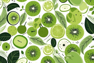 Fototapeta na wymiar kiwifruit and leaves pattern, in the style of anime aesthetic, clean and simple designs. Generative ai