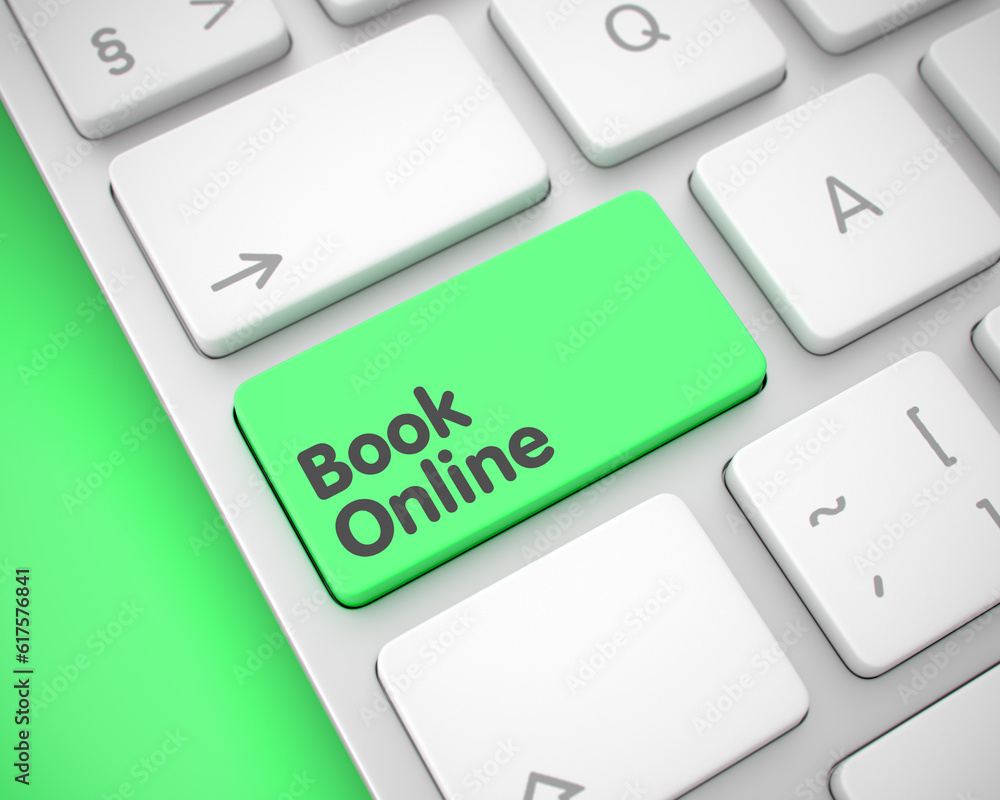 Poster online service concept: book online on the laptop keyboard background. modern laptop keyboard key sh