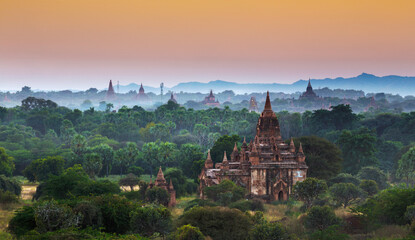 Scenic view of ancient Bagan temple during golden hour