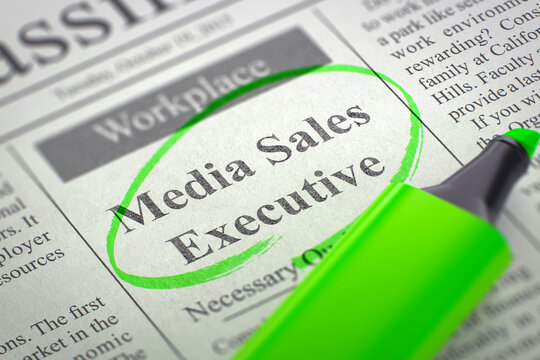 Media Sales Executive. Newspaper with the Small Advertising, Circled with a Green Marker. Blurred Image. Selective focus. Job Search Concept. 3D.